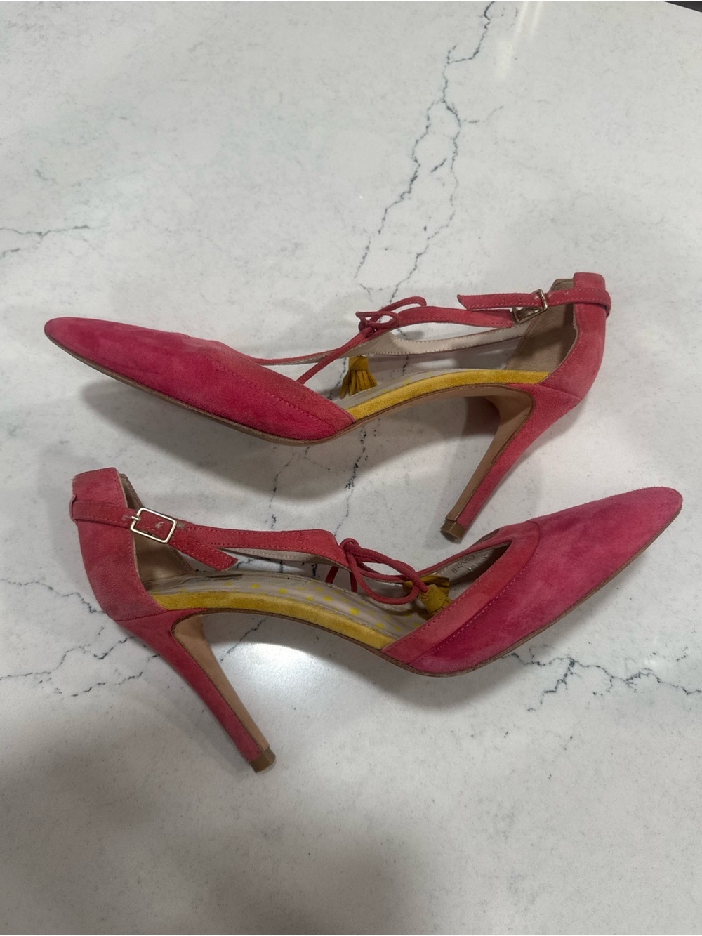 Boden “Alice” Pink Suede Ankle Strap Heels Yellow Tassels 7.5- 8 (38) - Picture 8 of 14
